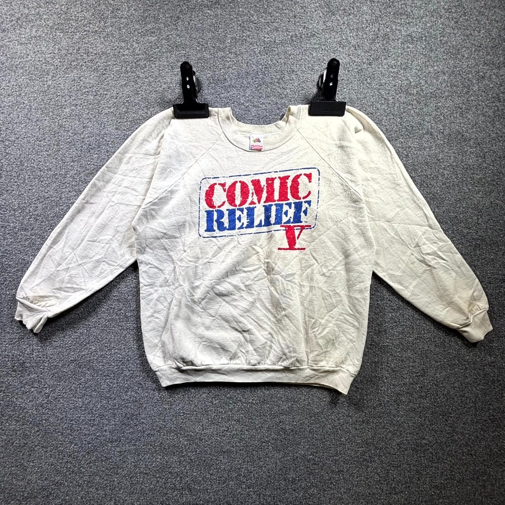 Vintage Fruit Of The Loom Comic Relief V Sweatshirt Men's XL White Graphic Print